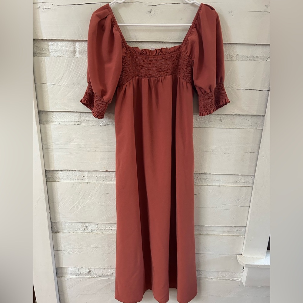 Kirundo Smocked Puff-Sleeve Maxi Dress • Rust Terracotta • Size Small - Picture 2 of 9